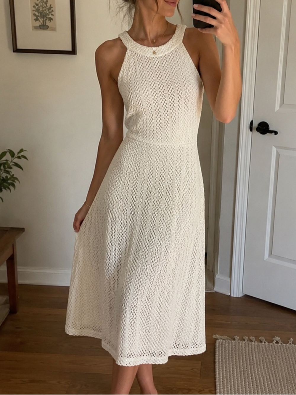 Karl Lagerfeld Cream Crochet Halter Midi Dress